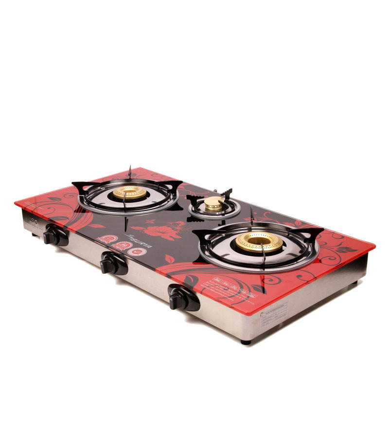 Surya 3 Burner Gas Stove With Auto Ignition Red Floral Design by Surya
